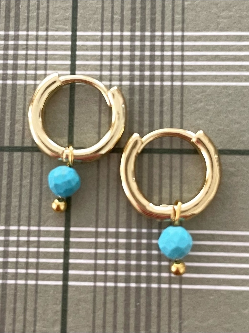 14K Gold Played Hoop Earrings with Turquoise Bead Charm